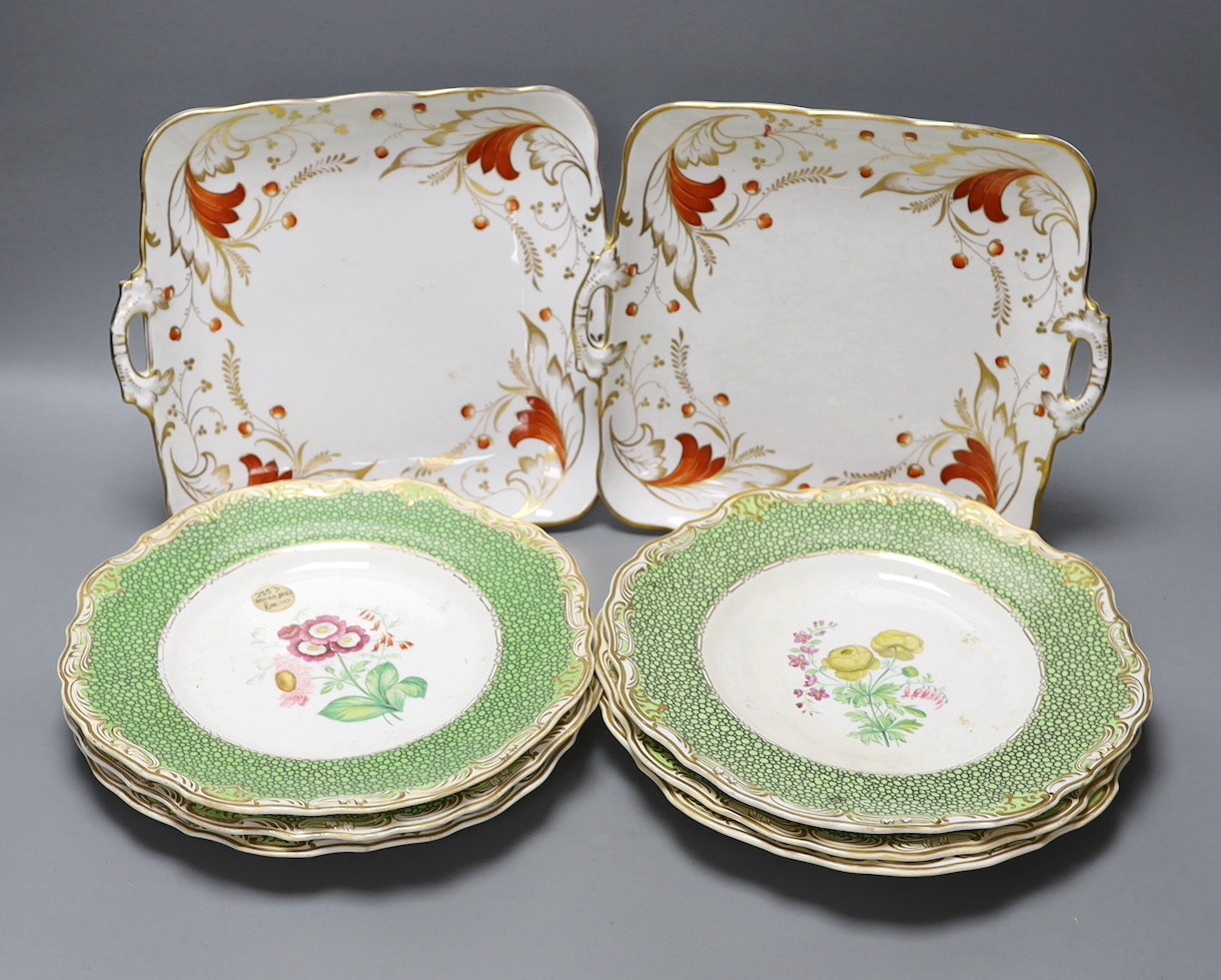 A set of six Copeland Garrett Late Spode dessert dishes, painted with botanical specimens, together with a pair of Victorian two handled cake dishes (8)